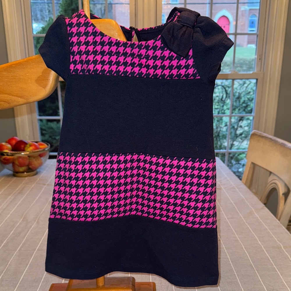 Gymboree girls Pink and Navy Houndstooth Dress, left shoulder bow-very posh! LN!